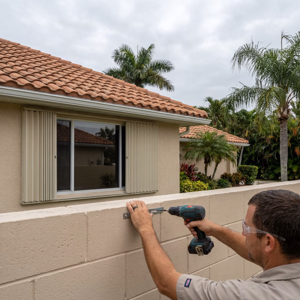 Hurricane shutters being installed on a Southwest Florida home by a licensed handyman