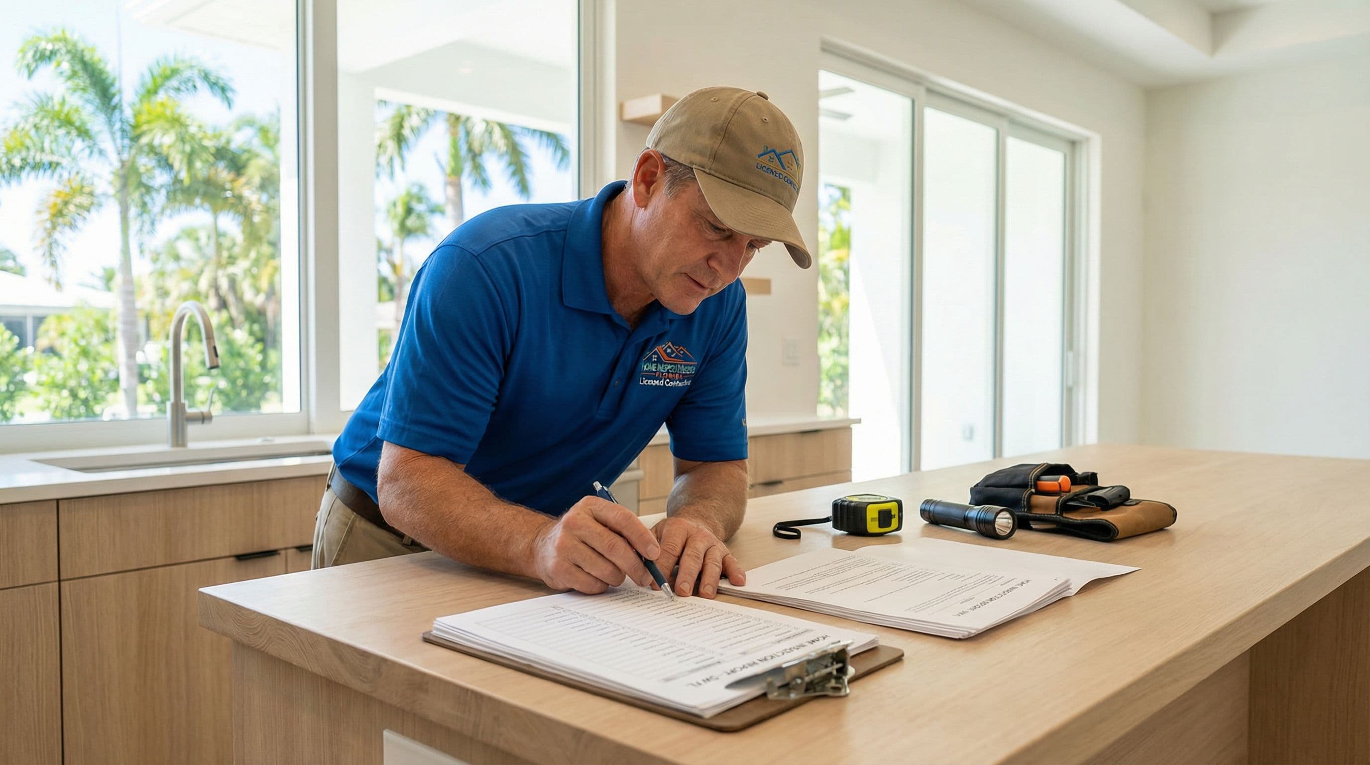 Licensed contractor reviewing a home inspection report with repair items marked at a Southwest Florida home