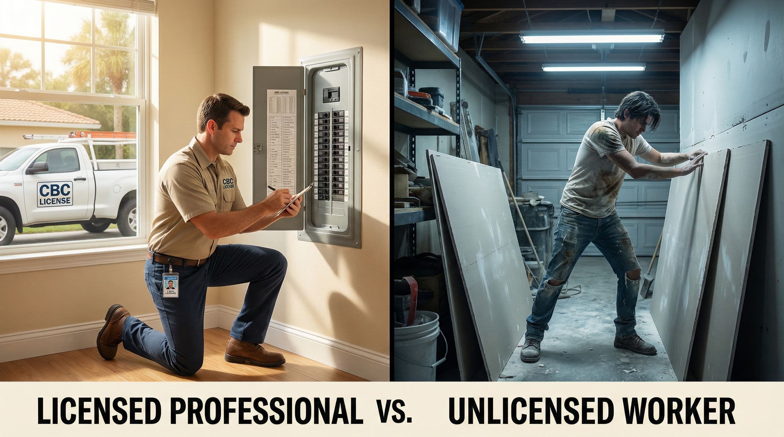 Licensed Florida contractor showing credentials to a homeowner before starting a repair project