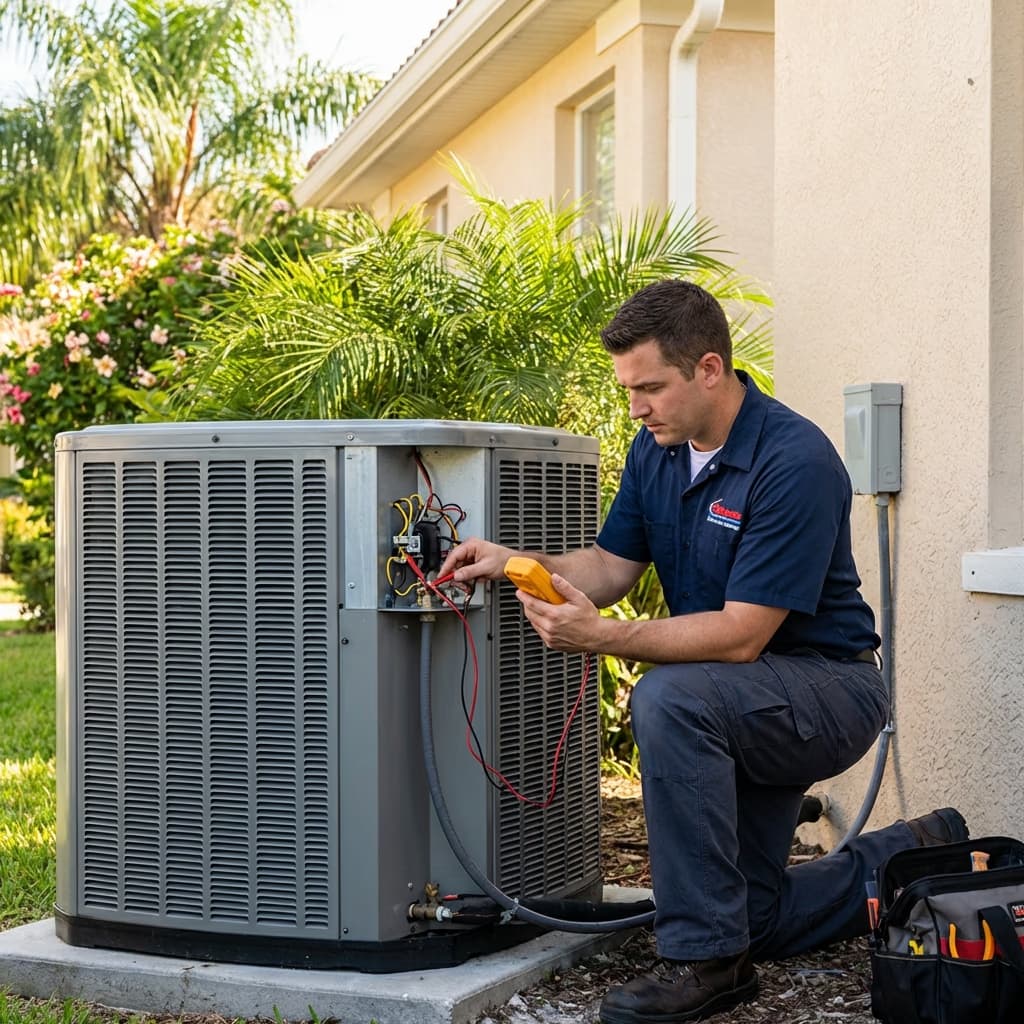 HVAC technician inspecting an outdoor AC condenser unit at a Florida home