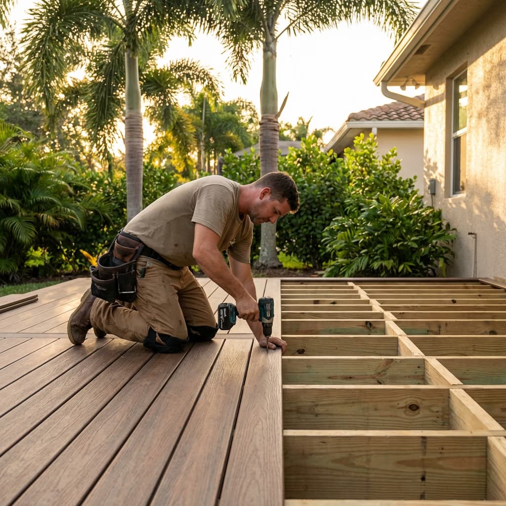 Carpenter building a composite deck in a Florida backyard with palm trees