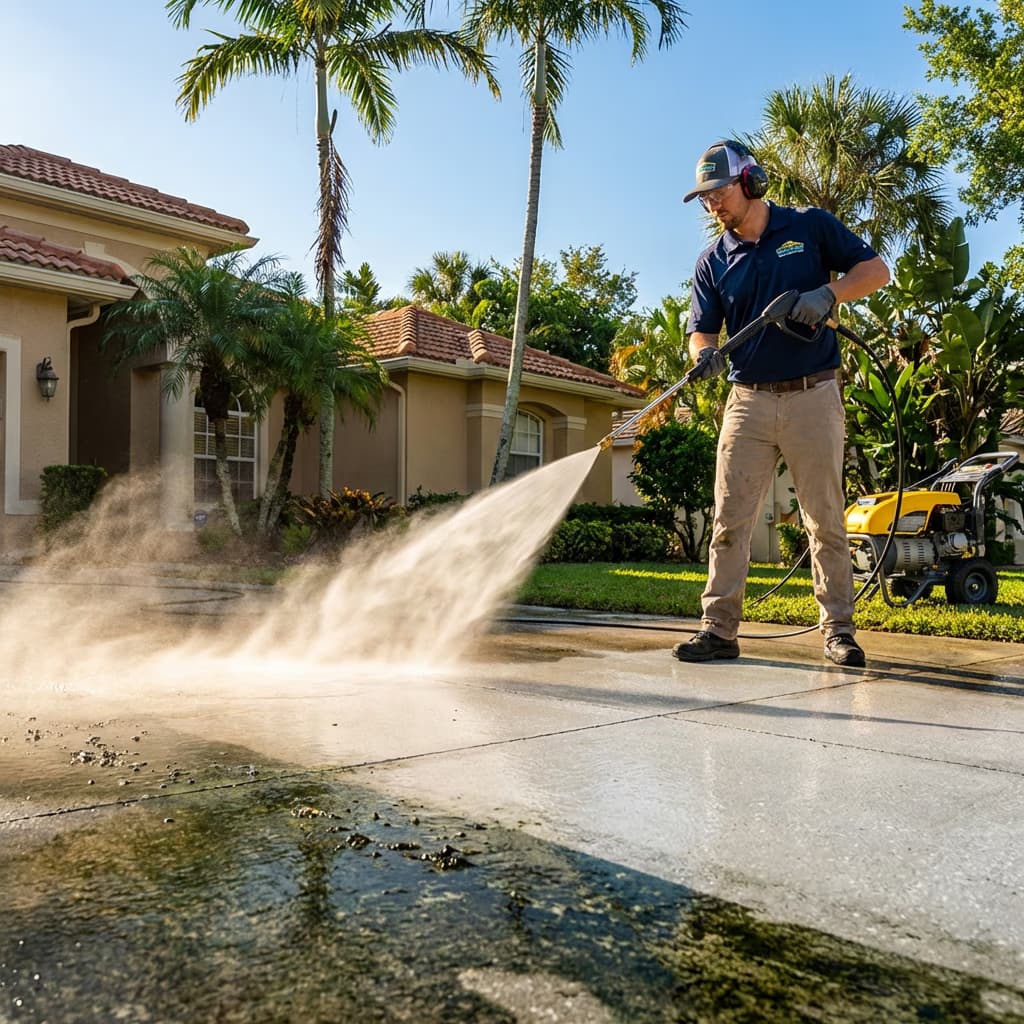 Professional pressure washing a concrete driveway at a Florida stucco home with palm trees