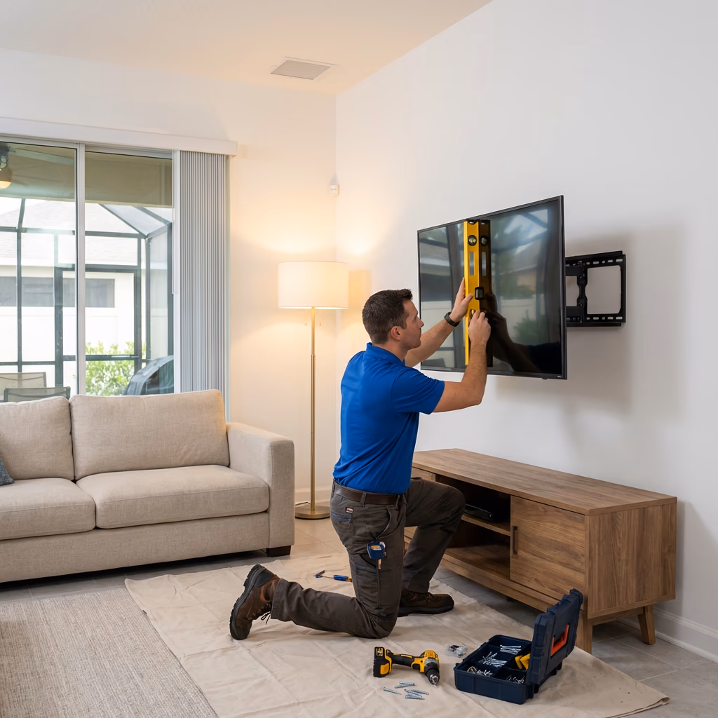 Professional mounting a flat-screen TV on a wall in a modern Florida living room