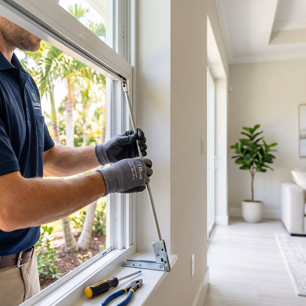 Professional handyman repairing a window balance rod in a Florida home