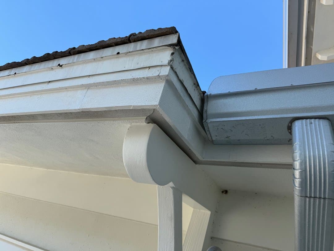 Repaired and sealed fascia board at roofline with clean finish