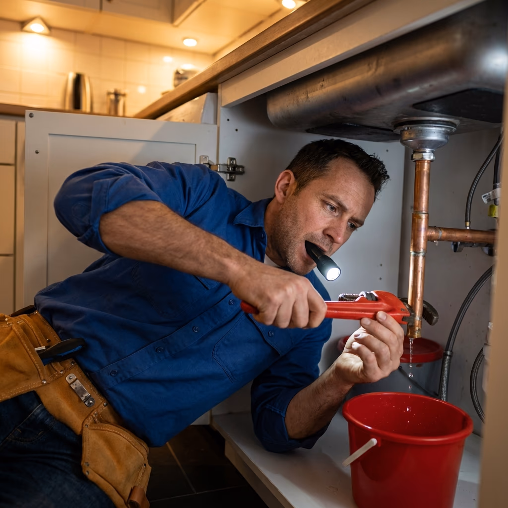 Handyman urgently repairing a burst pipe under a kitchen sink