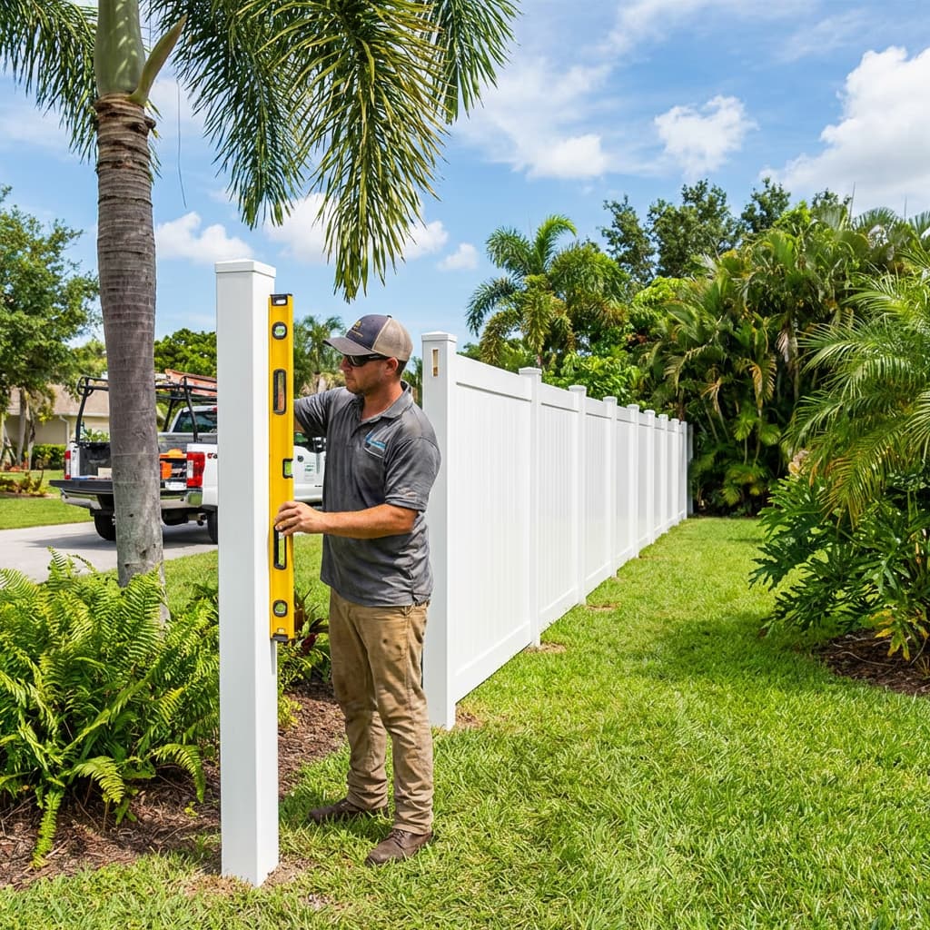 Professional installing a white PVC vinyl fence in a Florida backyard
